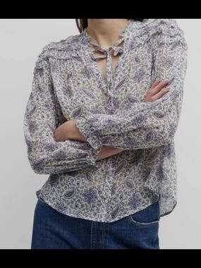 New $299 Paige Women's 100% Silk Blue Margret Ruffled Blouse Size XS